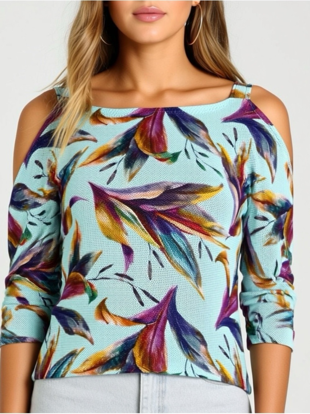 Luisa Ricci Floral Knit Top Cold Shoulder Bird of Paradise Batwing Sleeve Size L